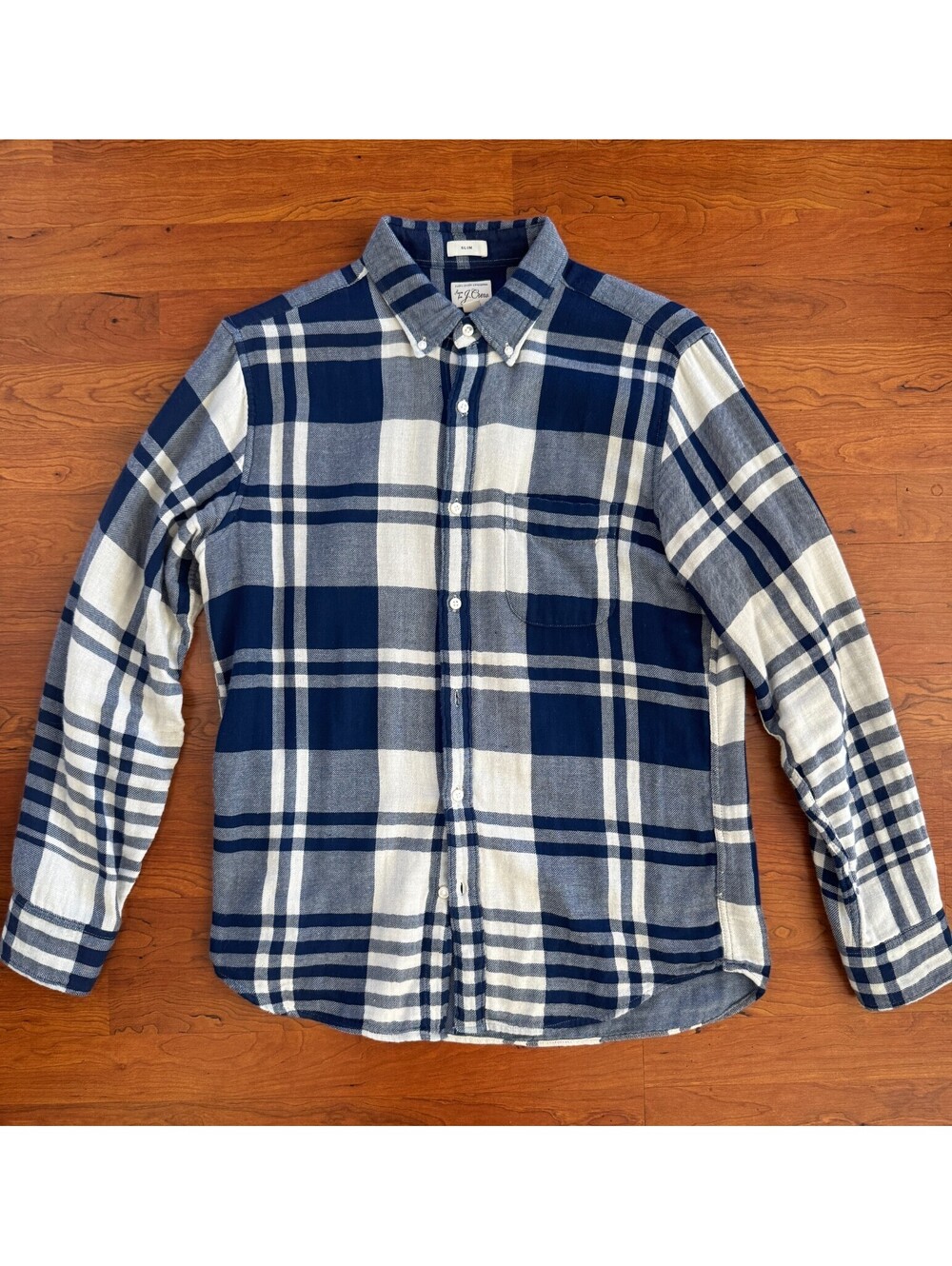 J. Crew Slim Cotton Plaid Flannel Blue White Men's Medium
